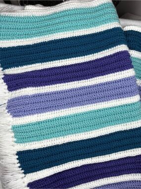 Striped Crochet Blanket in Teal White Purple Sofa Throw Fringed Cozy Handmade